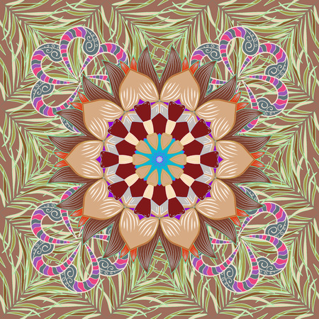 Mandalas on grass colorful background. Vector. Brown, green.のイラスト素材