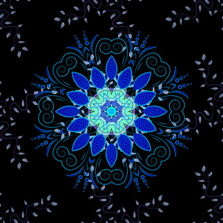 Blue mandala on black background. Vector illustration.のイラスト素材