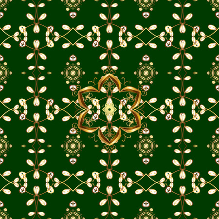 Seamless vintage pattern on green background with golden elements.のイラスト素材