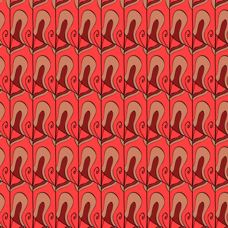 Cartoon hand-drawn doodles.Seamless pattern. Colorful detailed, with lots of objects vector background. Pink, brown.のイラスト素材