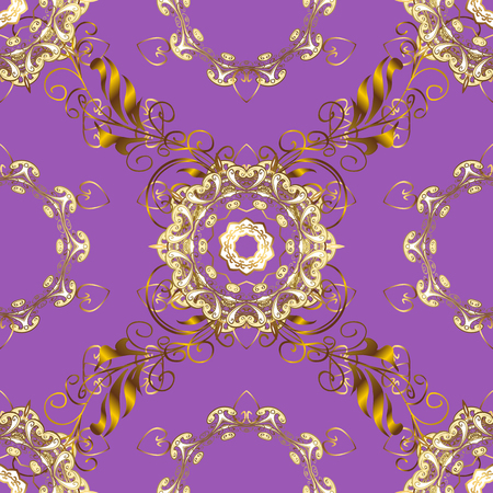Seamless vintage pattern on lilac background with golden elements.のイラスト素材