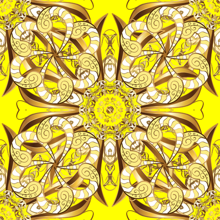 Seamless vintage pattern on yellow background with golden elements. Vector.のイラスト素材