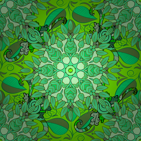 seamless texture with abstract flowers green doodles mandala on dark green background.のイラスト素材