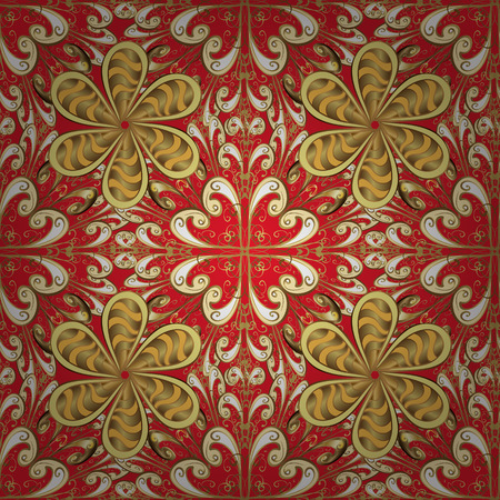 Seamless vintage pattern on red background with golden elements.のイラスト素材