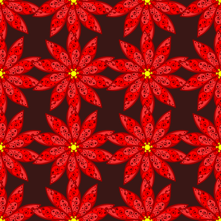 Red petal flowers. Floral pattern. Row. Vector.のイラスト素材