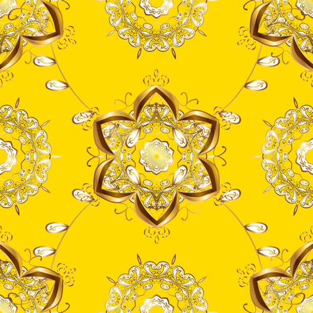Vintage pattern on bright yellow background with golden elements.のイラスト素材