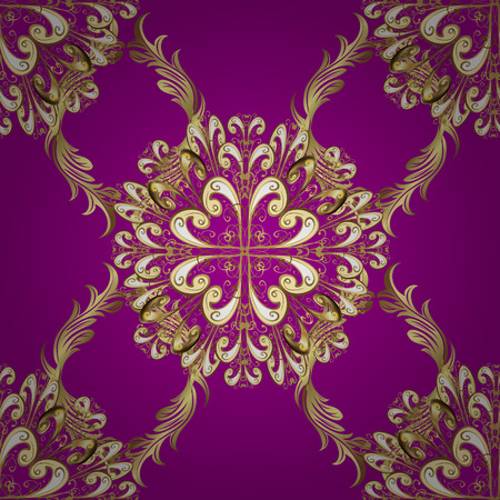 Seamless vintage pattern on pink background with golden elements. Radial gradient shape.のイラスト素材