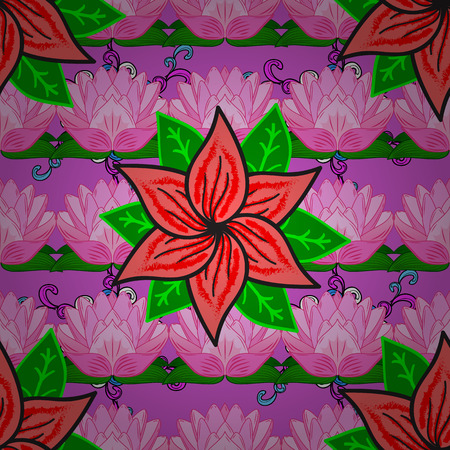 Seamless floral pattern with pink water lilies. Green leaves. Red petals flower. Vector. Radial gradient shape.のイラスト素材