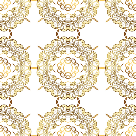 Seamless vintage pattern on white background with golden elements. Snowflake, New Year, Christmas.のイラスト素材