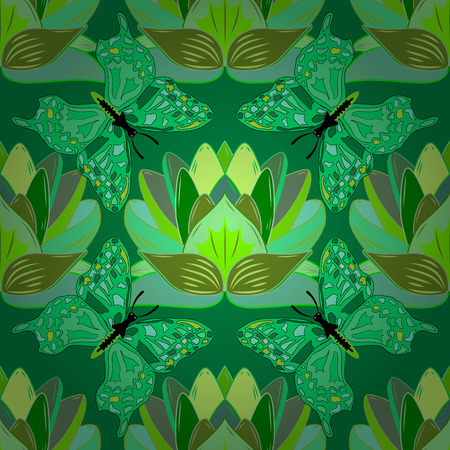 Green Lotus. Seamless Pattern. Vector. Butterfly. Radial gradient shape.のイラスト素材