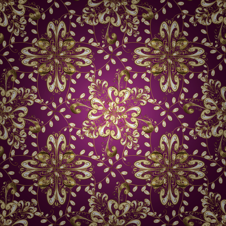 Seamless vintage pattern on lilac background with golden elements.の写真素材