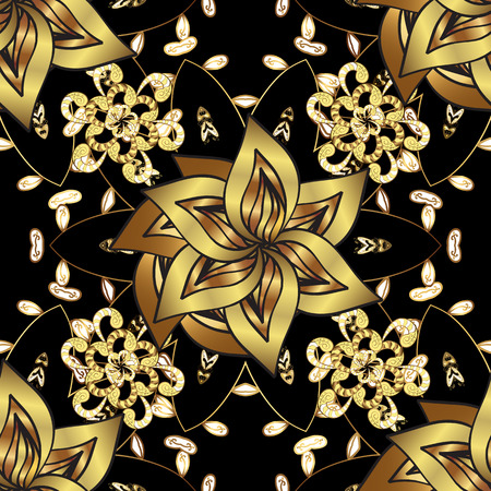 Golden Seamless Wallpaper, Vector Background. Snowflake, Christmas, New Year. Golden grid. Luxury background. Vintage pattern. Floral.のイラスト素材