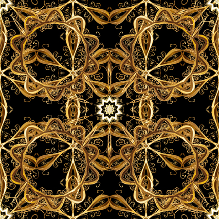 Golden Seamless Wallpaper, Vector Background. Snowflake, Christmas, New Year. Golden grid. Luxury background. Vintage pattern. Floral.の写真素材