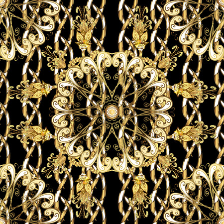 Golden Seamless Wallpaper, Vector Background. Snowflake, Christmas, New Year. Golden grid. Luxury background. Vintage pattern. Floral.のイラスト素材