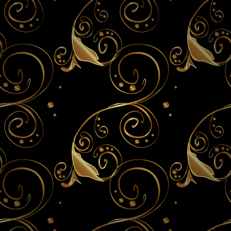 Golden Seamless Wallpaper, Vector Background. Snowflake, Christmas, New Year. Golden grid. Luxury background. Vintage pattern. Floral. Black background. Radial gradient shape.のイラスト素材