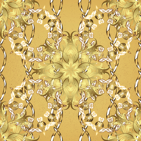 Metal with floral pattern. Golden pattern. Vector golden floral ornament brocade textile pattern. Yellow background with golden elements.のイラスト素材