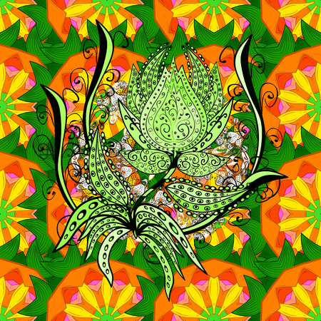 Round ornament with intertwined branches, flowers and curls. Arabesque. Vector circular abstract mandalas pattern. Colored Mandala on a baqckground.のイラスト素材