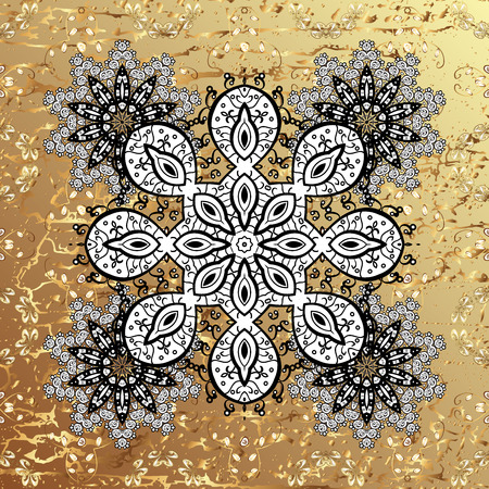 On beige background with golden elements and with white doodles. Damask for design.の写真素材