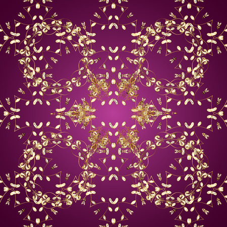 Golden pattern on purple background with golden elements. Islamic design. Golden textile print. Floral tiles. Seamless pattern oriental ornament.の写真素材