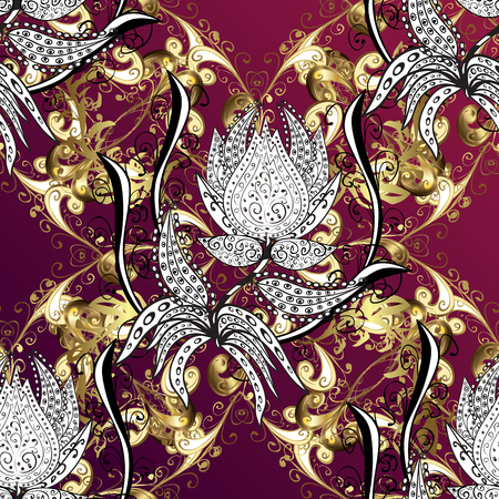 Seamless damask classic white and golden pattern. Vector abstract background with repeating elements. Golden pattern on pink background with golden elements.のイラスト素材
