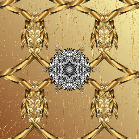 Vector illustration. Damask for design. Vector on beige background with golden elements and with white doodles.のイラスト素材