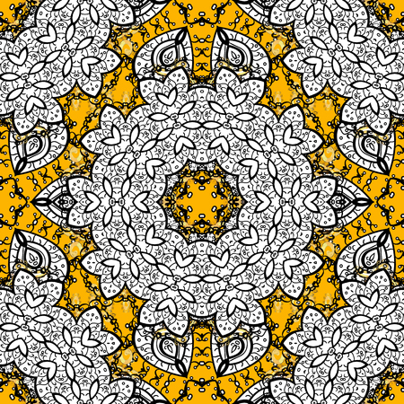 Vector oriental ornament. White pattern with doodles on yellow background with white elements. Seamless white pattern.のイラスト素材