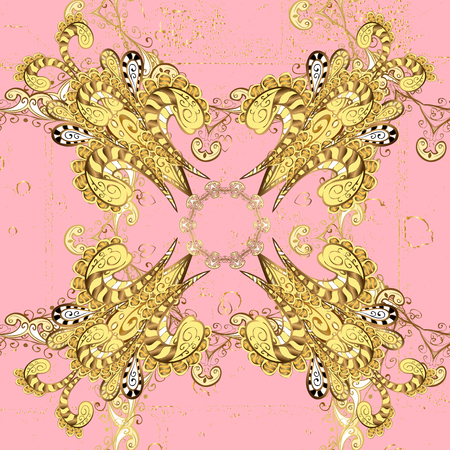 Golden pattern. Backdrop, fabric, gold sketch. Flat hand drawn vintage collection. Golden pattern on pink background with golden elements.の写真素材