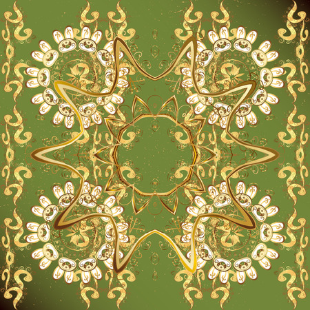 Hand drawn decorative frame, album cover, invitation, greeting card, vintage Art deco style. Vector abstract floral wreath from golden doodle fantasy leaves and flower on a green background.のイラスト素材