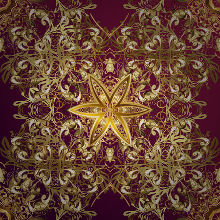 Metal with floral pattern. Golden pattern. Golden floral ornament brocade textile pattern. Pink background with golden elements.の写真素材