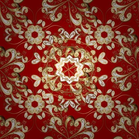 Golden pattern on red background with golden elements. Abstract background with repeating elements. Vector illustration. Seamless damask classic white and golden pattern.のイラスト素材