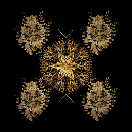 Vector golden pattern on black background with golden element. Golden snowflake. Winter symbol, Merry Christmas holiday, Happy New Year 2018. Abstract sketch, wrapping decoration.のイラスト素材