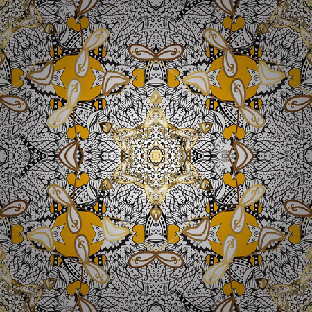 Ornate decoration. Vector illustration. Damask golden floral pattern on a yellow background with white doodles.のイラスト素材