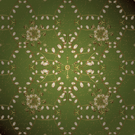 Winter snow texture sketch. Christmas gold snowflake pattern. Golden snowflakes on green background. Symbol holiday, New Year celebration golden pattern with golden elements.の写真素材