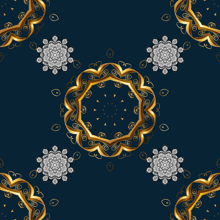 Seamless vintage pattern on blue background with golden elements. Christmas, snowflake, new year. Golden pattern on blue background with golden elements.のイラスト素材