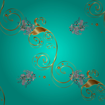 Seamless damask pattern background for sketch design in the style of Baroque. Golden pattern on blue background with white elements. Ornate vector decoration.のイラスト素材