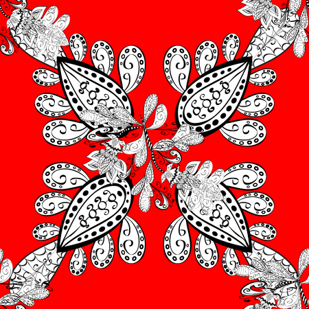 Doodle background in vector with doodles, flowers and paisley. Vector ethnic pattern can be used for sketch, pattern fills, coloring books and pages for kids and adults. Red background.のイラスト素材