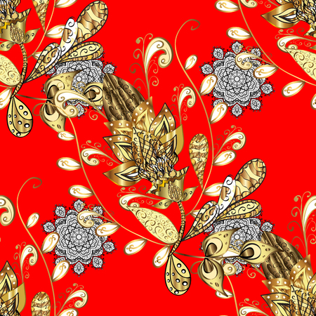 Christmas gold snowflake seamless pattern. Golden snowflakes on red background. Winter snow texture sketch. Symbol holiday, New Year celebration vector golden pattern with golden elements.のイラスト素材