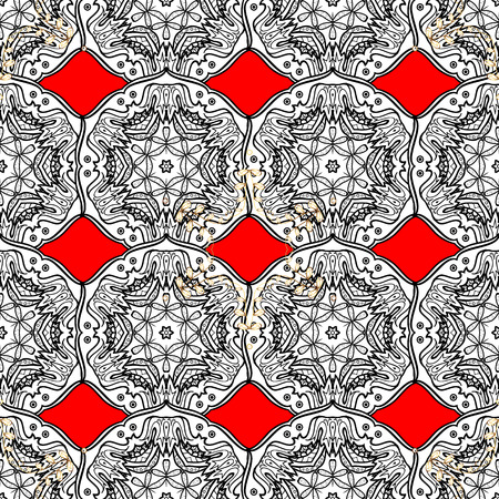 Seamless pattern on red background with golden elements. Vector illustration. Seamless classic vector golden pattern. Traditional orient ornament. Classic vintage background.のイラスト素材