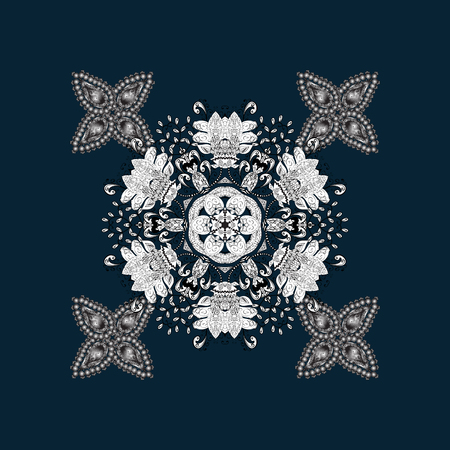 Vector abstract floral wreath from white doodle fantasy leaves and flower on a blue and white background. Hand drawn decorative frame, album cover, invitation, greeting card, vintage Art deco style.のイラスト素材