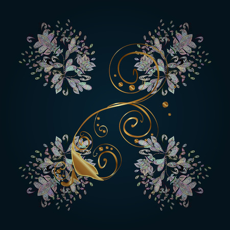 Seamless golden pattern. Vector oriental ornament. Golden pattern with white doodles on blue background with golden elements.のイラスト素材