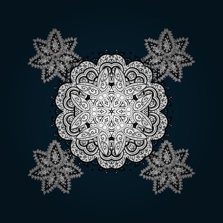 Vintage pattern on blue and white background with white elements and with doodles. Christmas, snowflake, new year.のイラスト素材