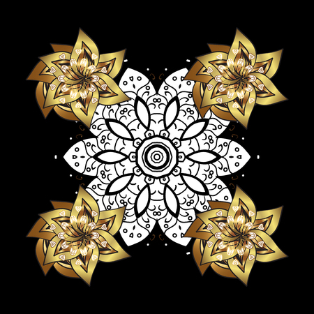 Vintage pattern on black background with golden elements and with white doodles. Christmas, snowflake, new year.のイラスト素材