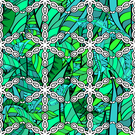 Traditional vector and green pattern. Classic oriental background with white doodles. Damask seamless ornament.のイラスト素材