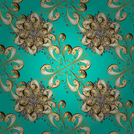 Seamless classic vector golden pattern. Floral ornament brocade textile pattern, glass, metal with floral pattern on blue background with golden elements.のイラスト素材