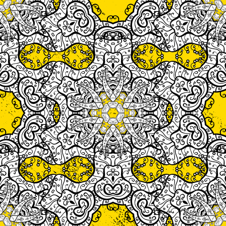 Pattern on yellow background with golden elements. Vector illustration. Classic vector golden pattern. Traditional orient ornament. Classic vintage background.のイラスト素材