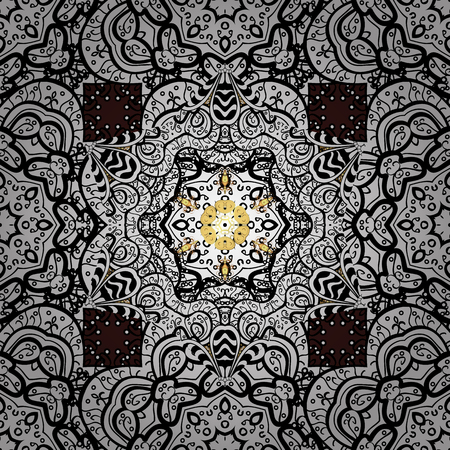 Golden snowflake seamless pattern. Winter symbol, Merry Christmas holiday, Happy New Year 2018. Vector golden pattern on brown background with golden element. Abstract sketch, wrapping decoration.のイラスト素材