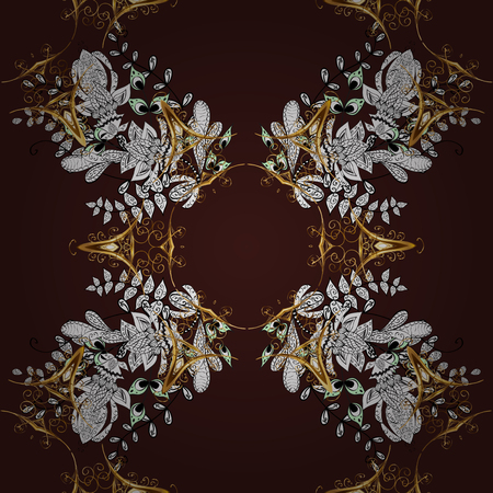 Brown background with golden elements. Vector golden pattern. Seamless golden textured curls. Vector illustration. Oriental style arabesques.のイラスト素材