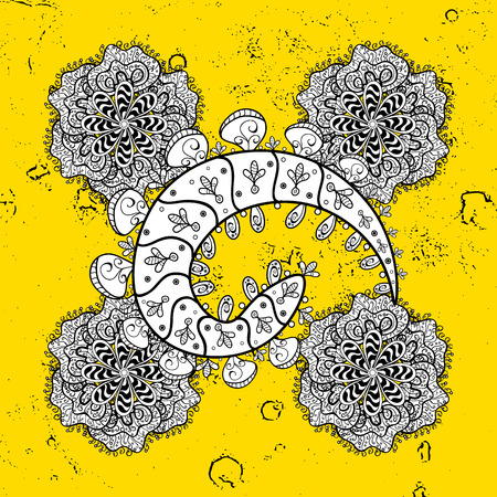 Gold yellow floral ornament in baroque style. Antique golden repeatable sketch. Damask pattern repeating background. Golden element on yellow background.のイラスト素材