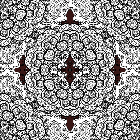 Vector white textile print. White pattern on brown background with white elements. Seamless pattern oriental ornament. Islamic design. Floral tiles.のイラスト素材