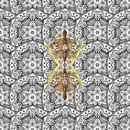 Classic vintage background. Seamless classic vector gray and golden pattern. Traditional orient ornament with white doodles.のイラスト素材